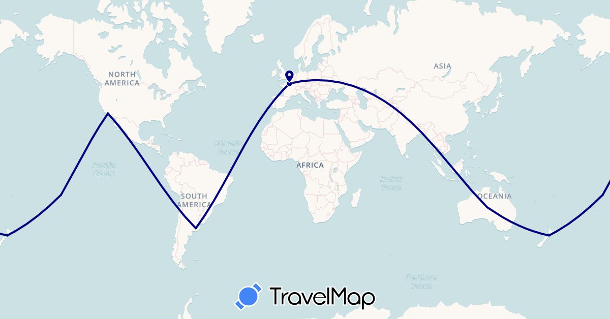 TravelMap itinerary: driving in Argentina, Australia, France, New Zealand, French Polynesia, United States (Europe, North America, Oceania, South America)